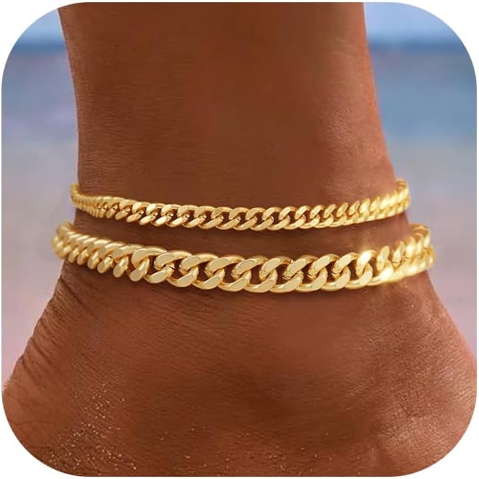 Funsanny Store أساور كاحل ذهبية للنساء مقاومة للماء - أساور كاحل ذهبية رقيقة عصرية بطبقات من الذهب/الفضة عيار 14 مطلية قابلة للتكديس مجموعة أساور كاحل تشكيلة كوبية سميكة للنساء هدايا مجوهرات غير قابلة للتأكسد - Image 1
